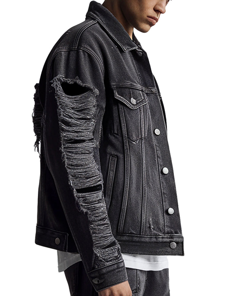 Men’s streetwear black ripped sleeve trucker jacket