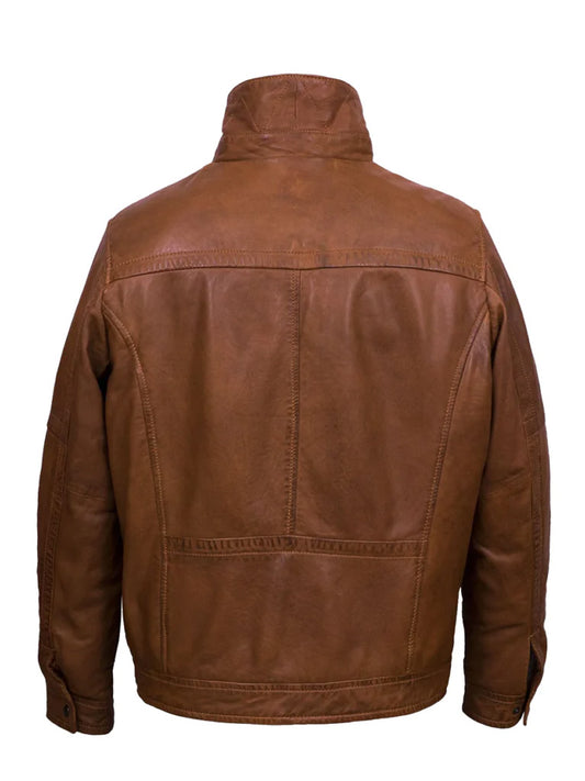 Men's tan brown leather trucker jacket