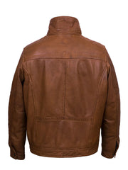 Men's tan brown leather trucker jacket