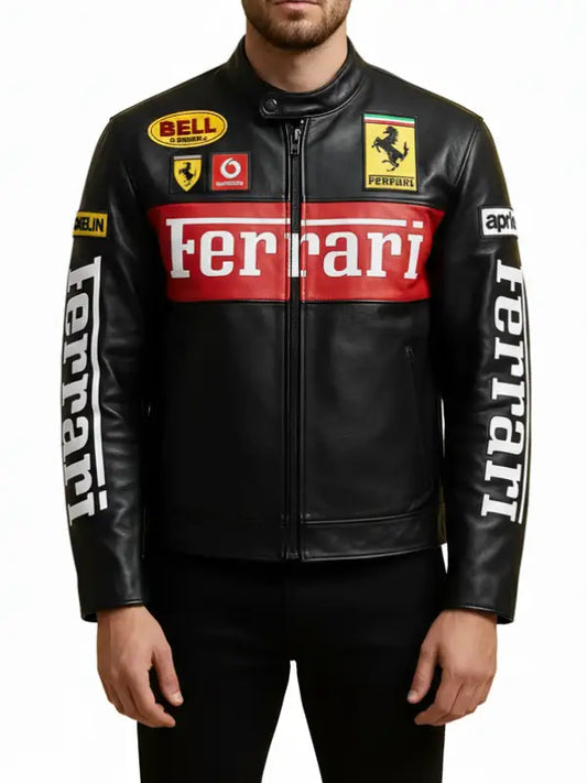Men’s Black Ferrari Racing Leather Jacket – Premium Motorsport Rider Coat