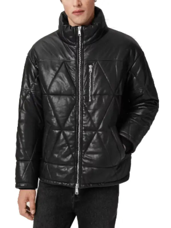 Men’s Black Quilted Leather Puffer Jacket with High Collar