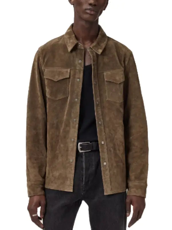 Men’s Brown Suede Shirt Jacket with Snap Button Closure