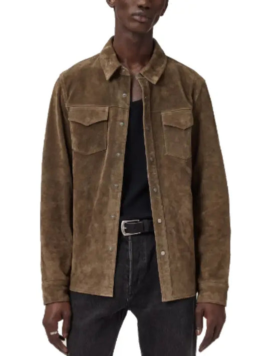 Men’s Brown Suede Shirt Jacket with Snap Button Closure