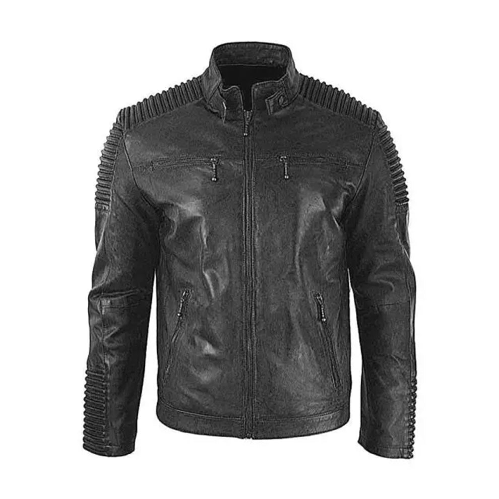 Biker Skull Style Vintage Black Cafe Racer Leather Jacket