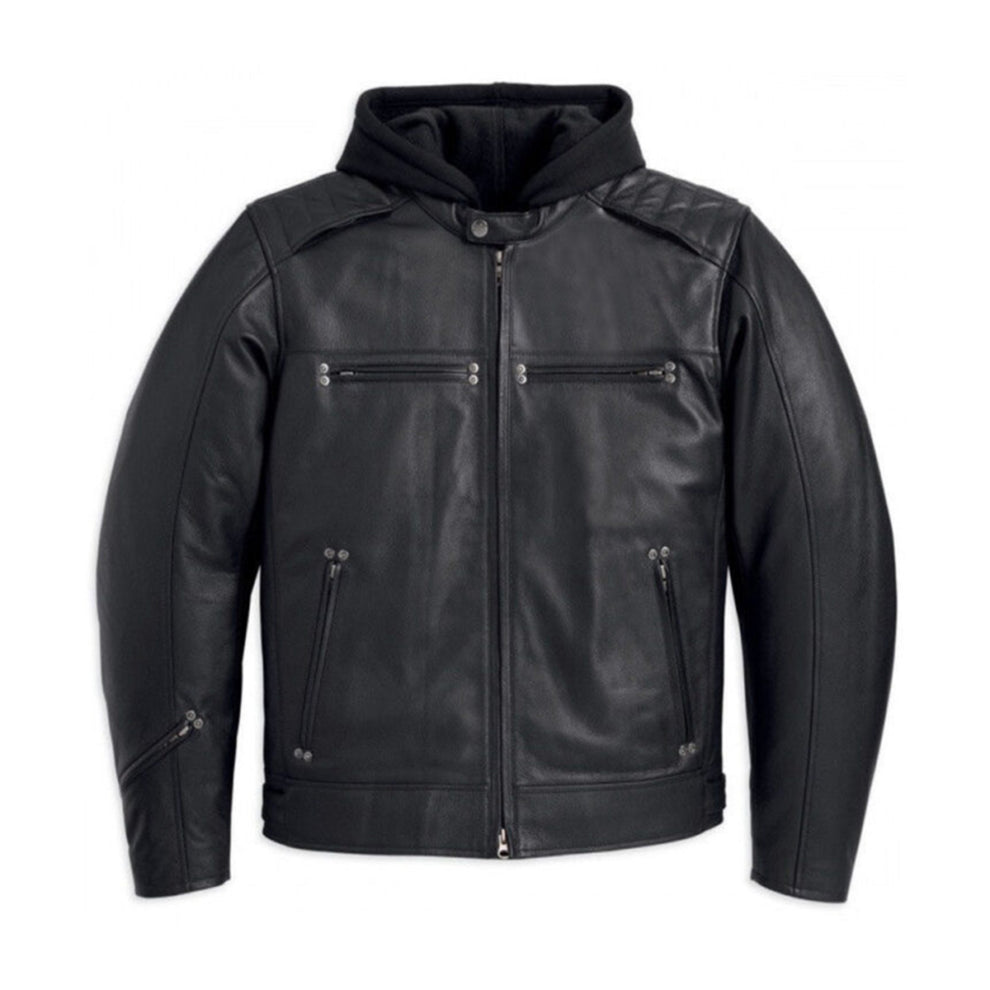 Black Biker Hooded Style Leather Jacket