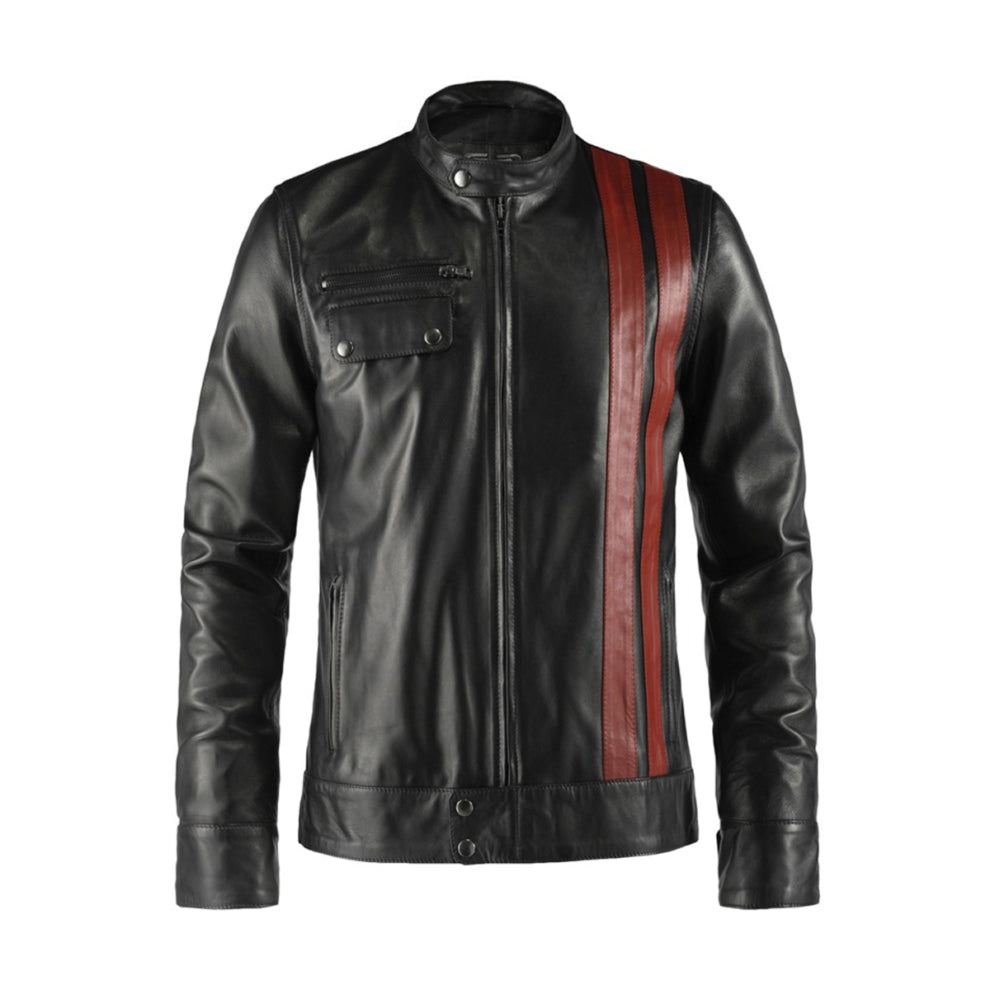 Black Biker Stripes Style Leather Jacket