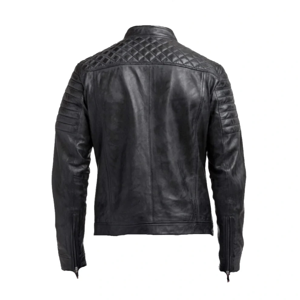 Black Biker Quilted Genuine Leather Jacket