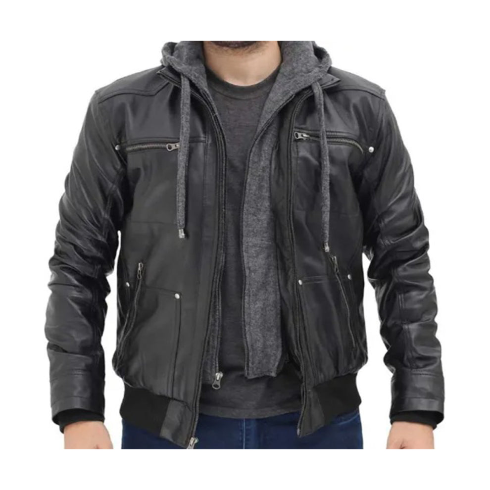 Hooded Style Black Bomber Leather Jacket