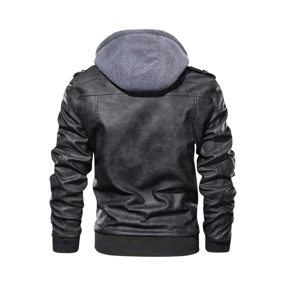 Black Bomber Hooded Leather Jacket