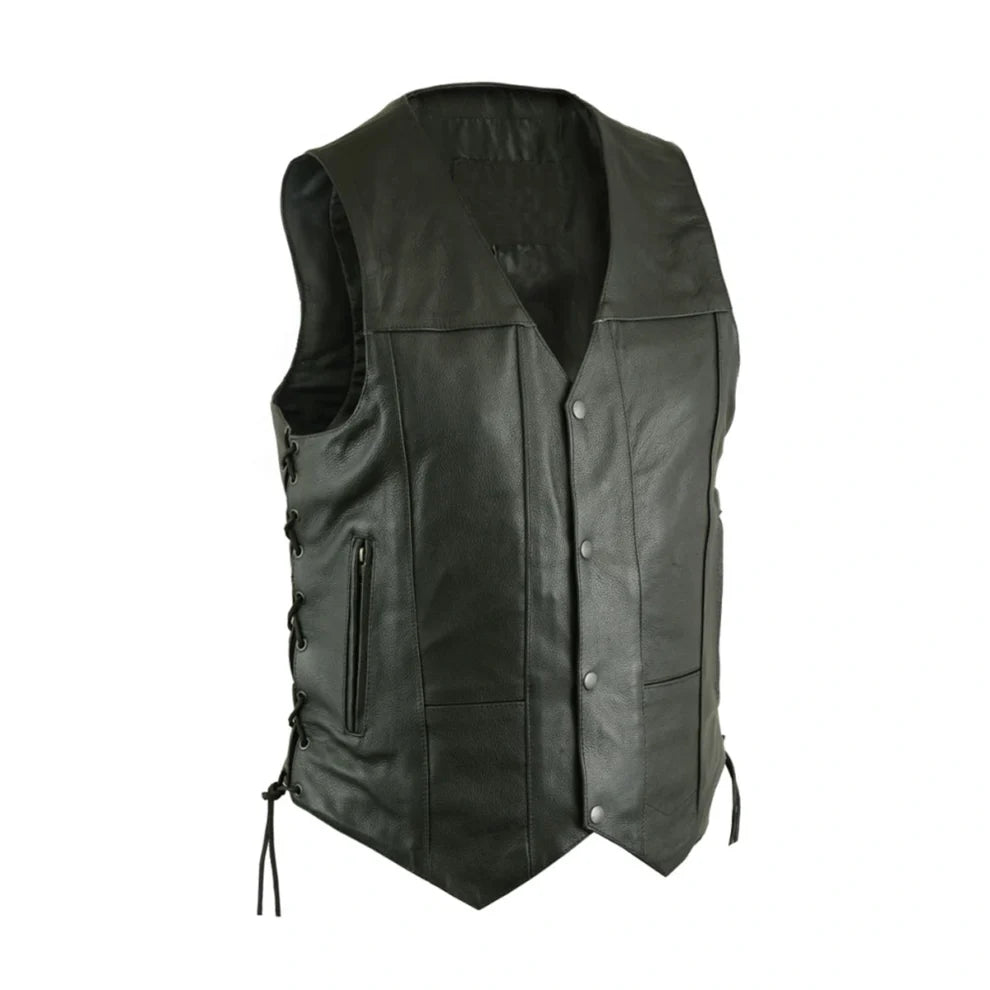 Black Side Lece Up Biker Genuine Leather Vest