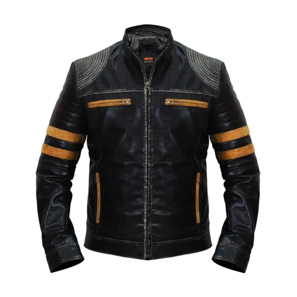 Yellow Stripe Vintage Biker Leather Jacket