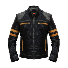 Yellow Stripe Vintage Biker Leather Jacket