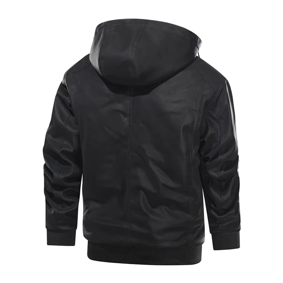 Black Bomber Style Hooded Leather Jacket