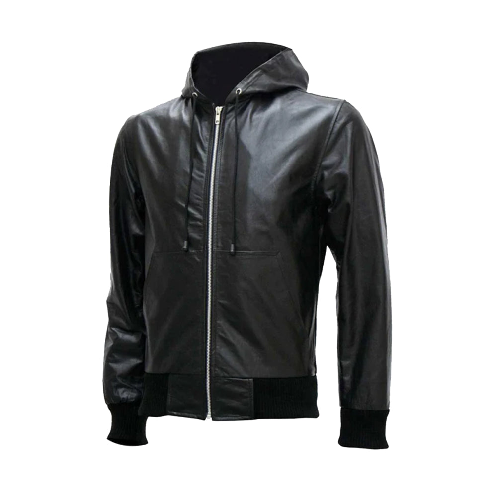 Black Bomber Hooded Style Leather Jacket