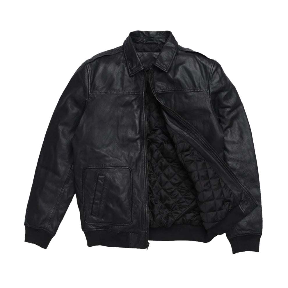 Shirt Style Black Bomber Genuine Leather Jacket