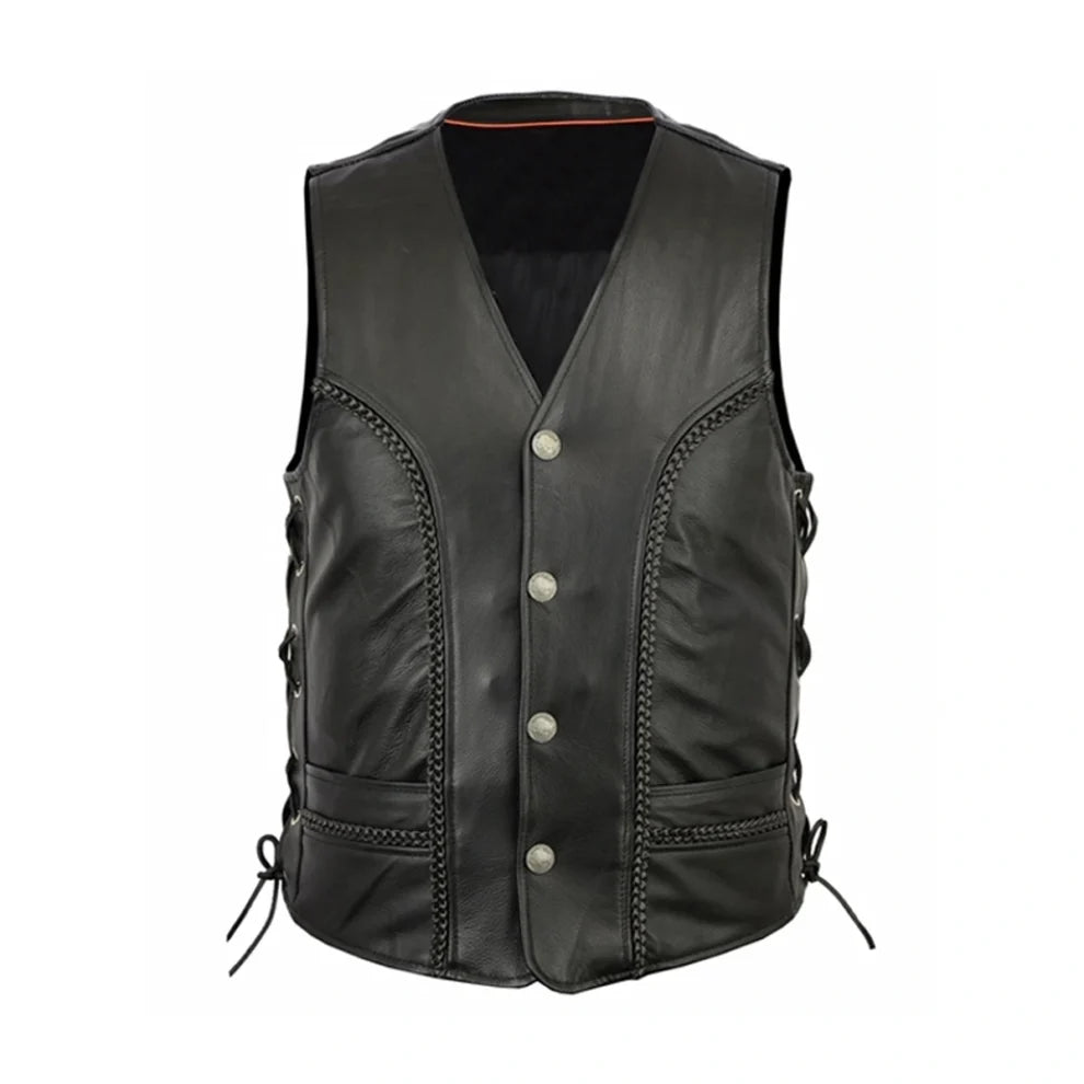 Black Lace Up Side Braided Leather Vest