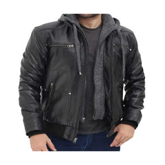 Hooded Style Black Bomber Leather Jacket