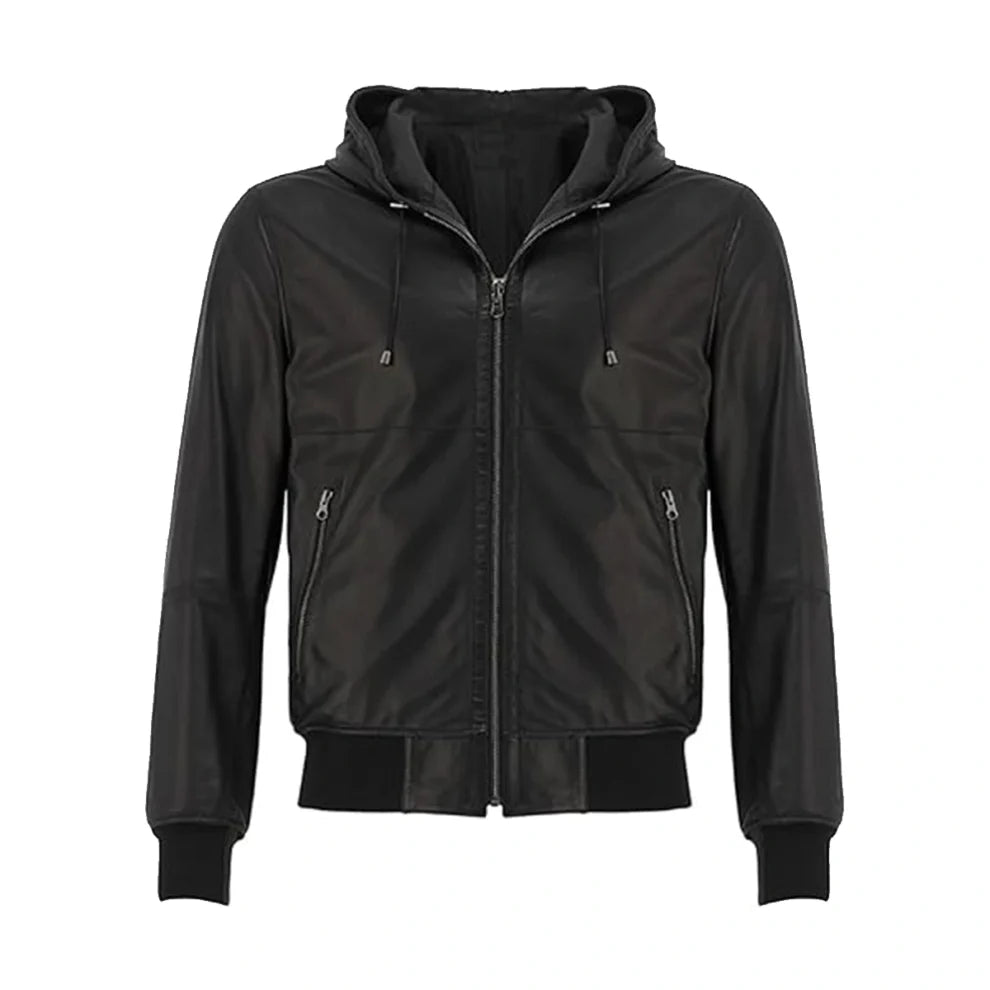 Black Hooded Bomber Style Genuine Leather Jacket