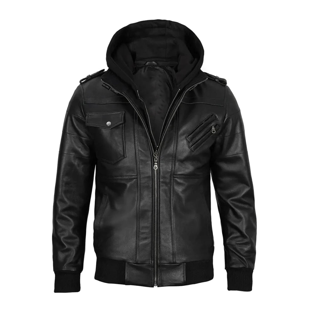 Black Leather Jacket with Removable Hoodie