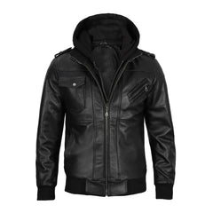 Black Leather Jacket with Removable Hoodie