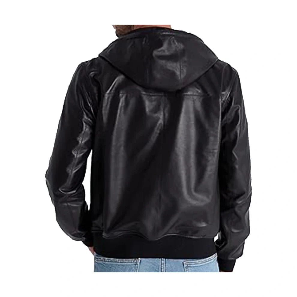 Black Hooded Bomber Style Genuine Leather Jacket