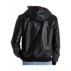 Black Hooded Bomber Style Genuine Leather Jacket