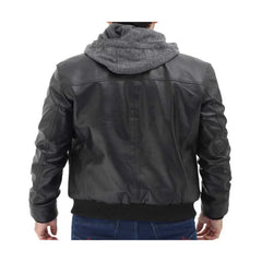 Hooded Style Black Bomber Leather Jacket