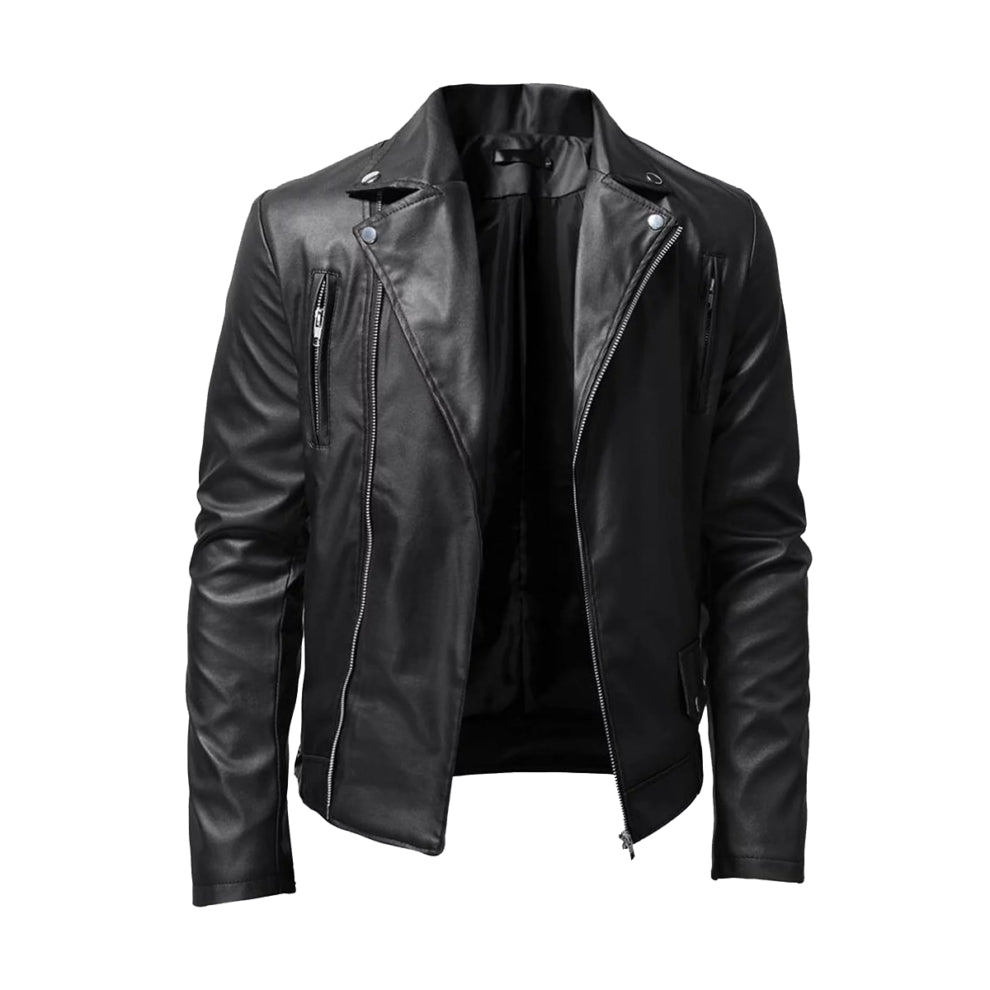 Black Lapel Style Biker Leather Jacket