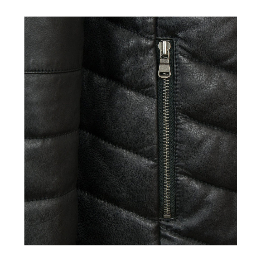 Black Padded Style Real Leather Long Coat