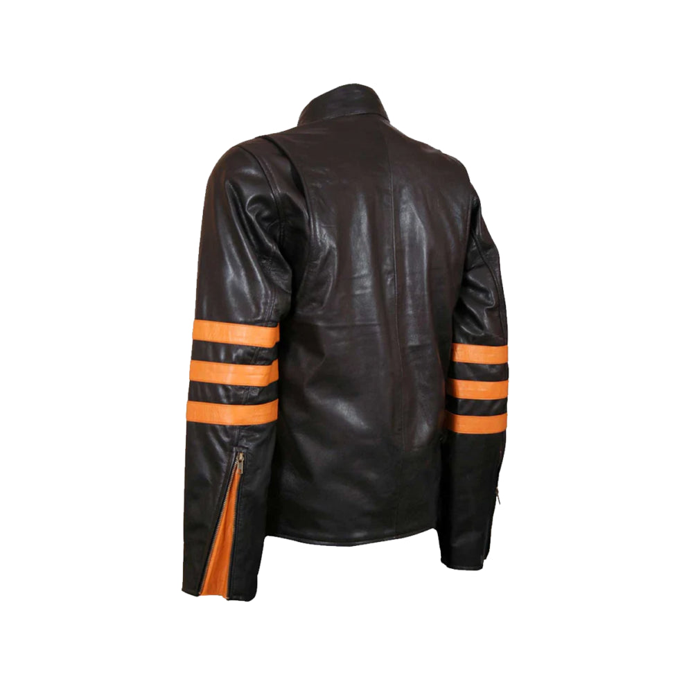 Orange Stripes Black Biker Leather Jacket