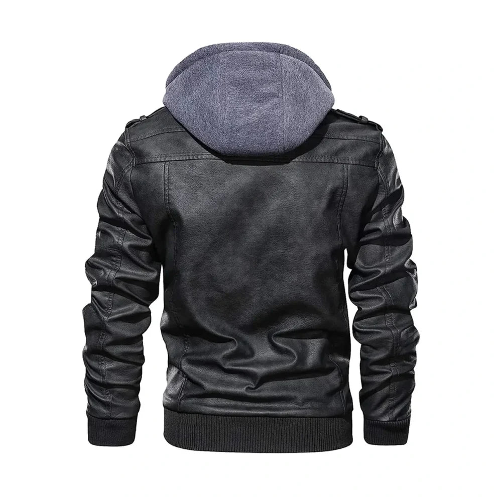 Black Real Leather Jacket with Removable Hood