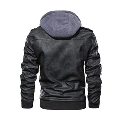 Black Real Leather Jacket with Removable Hood