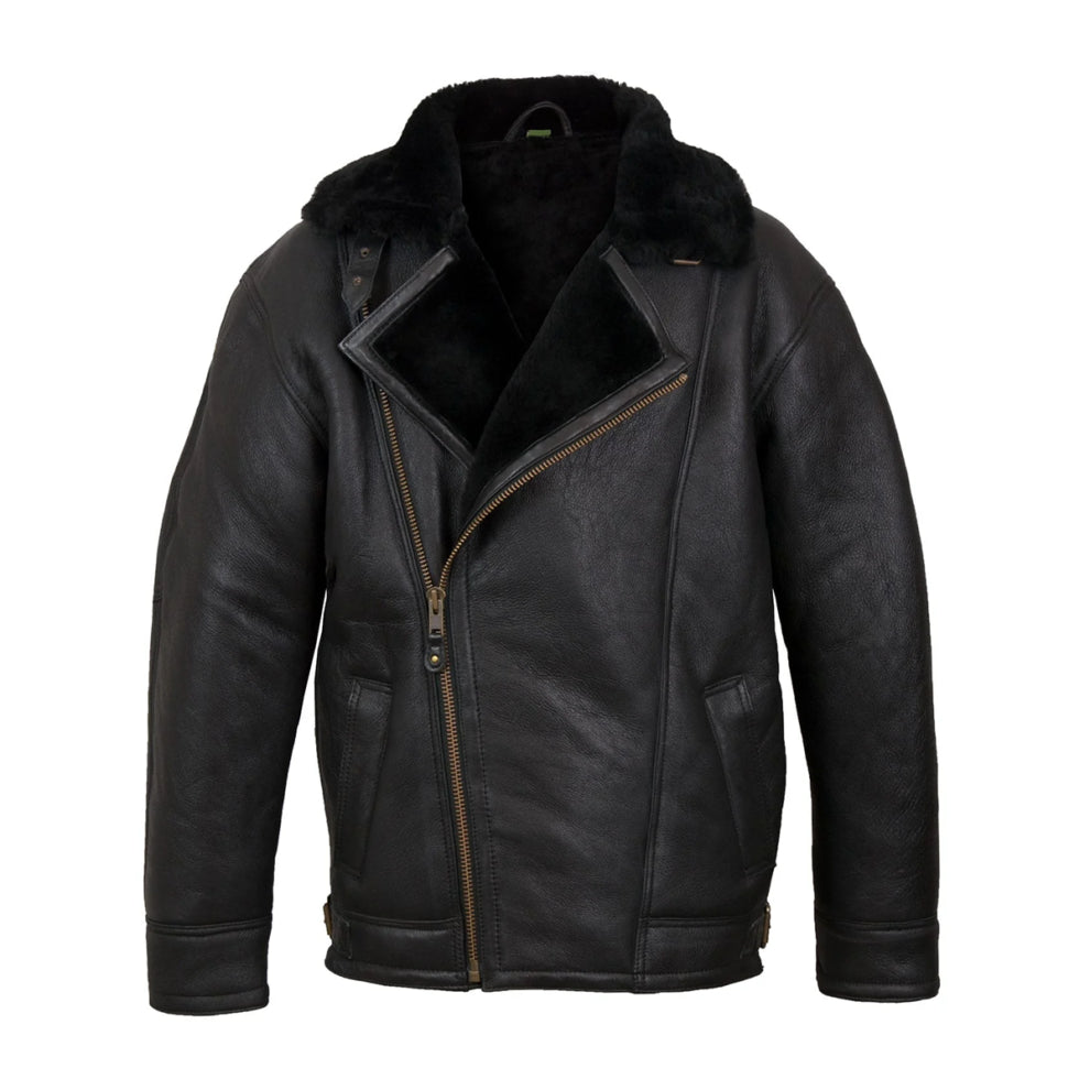 Black Lapel Style Shearling Leather Jacket