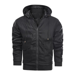 Black Bomber Style Hooded Leather Jacket