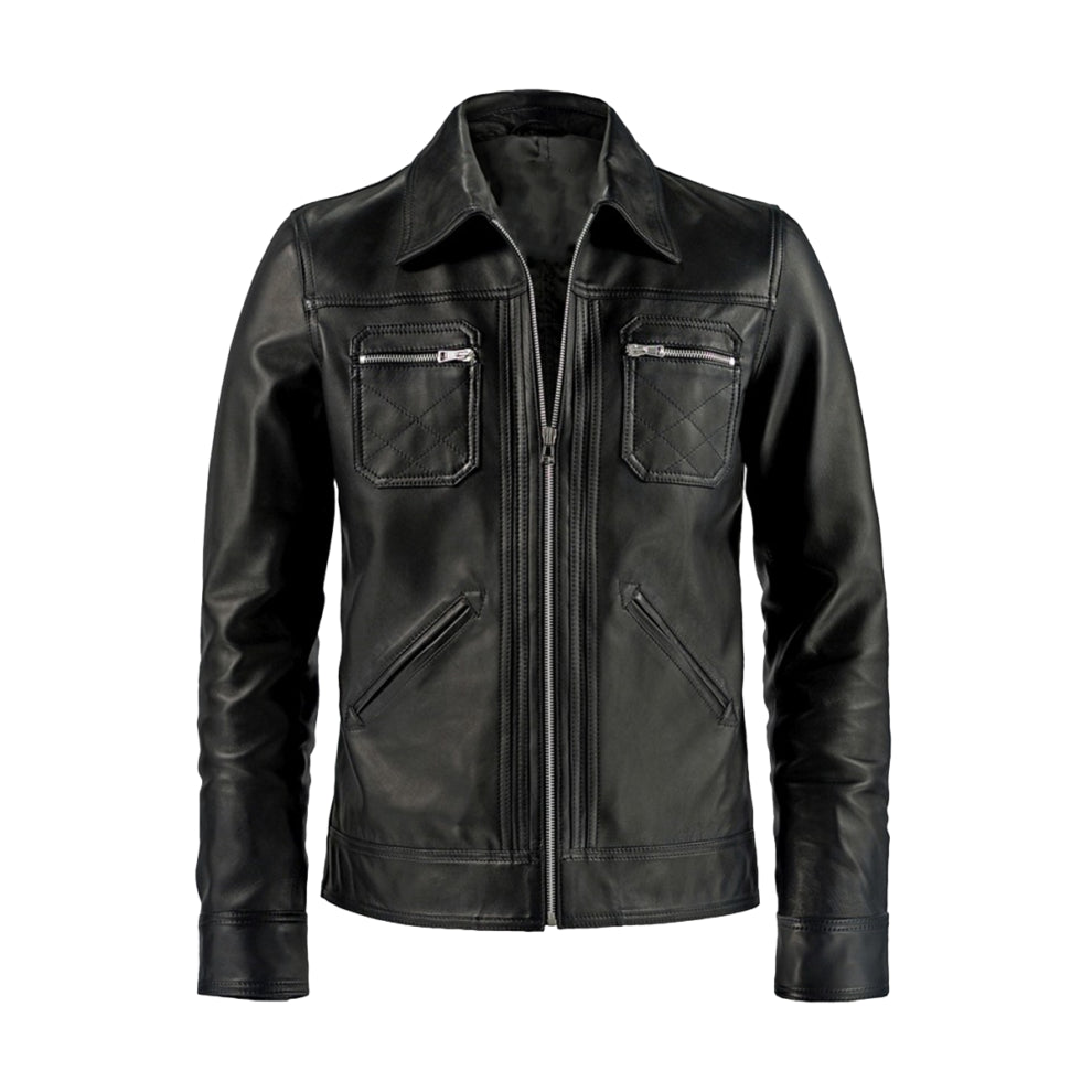 Black Shirt Style Biker Leather Jacket