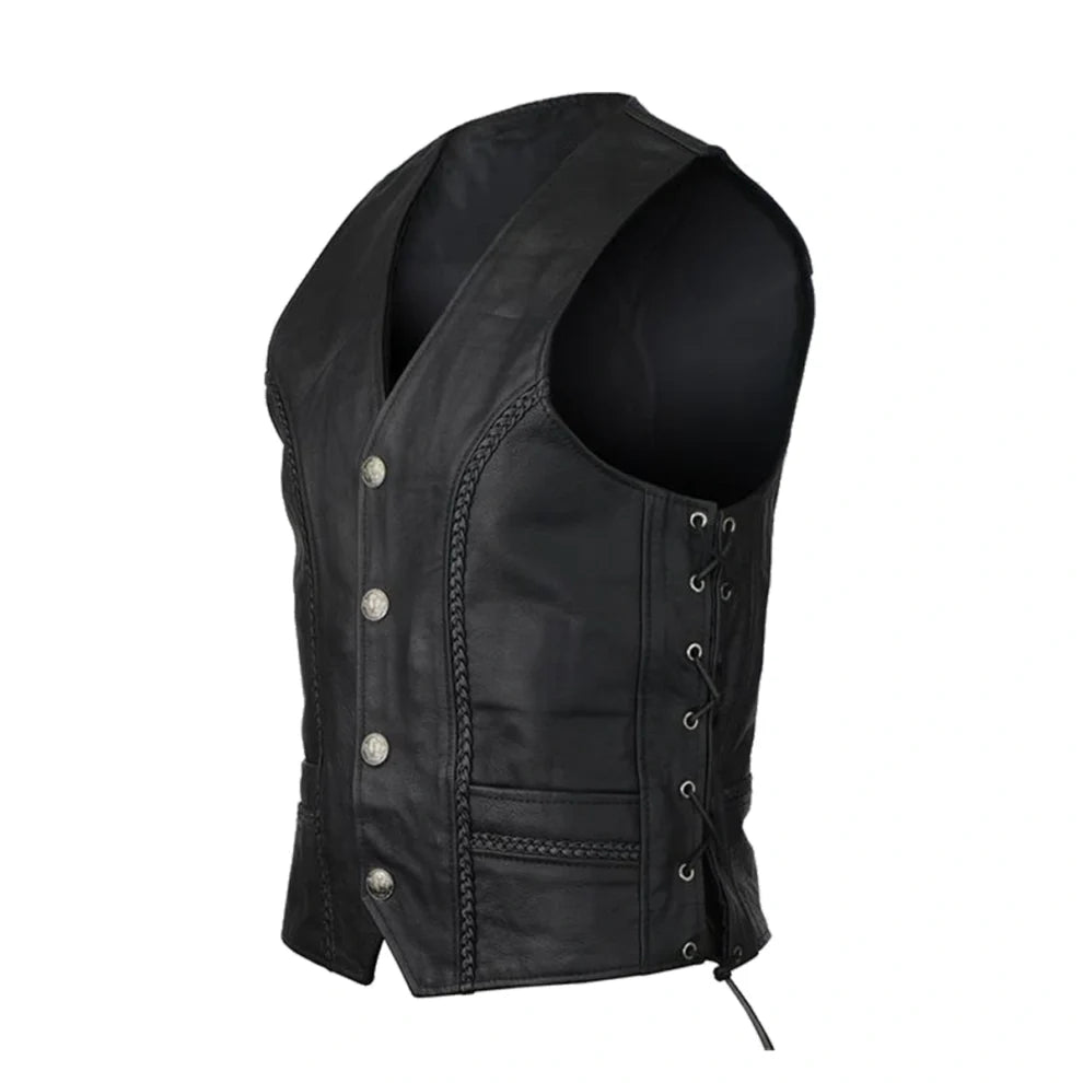 Black Leather Vest with Braids and Side Laces