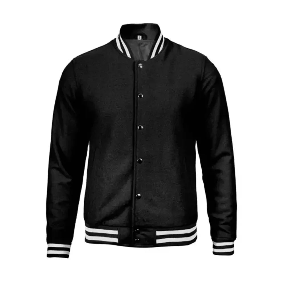 Black Bomber Style Rib Knitted Varsity Jacket