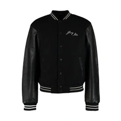 Black Bomber Style Rib Knitted Leather Jacket