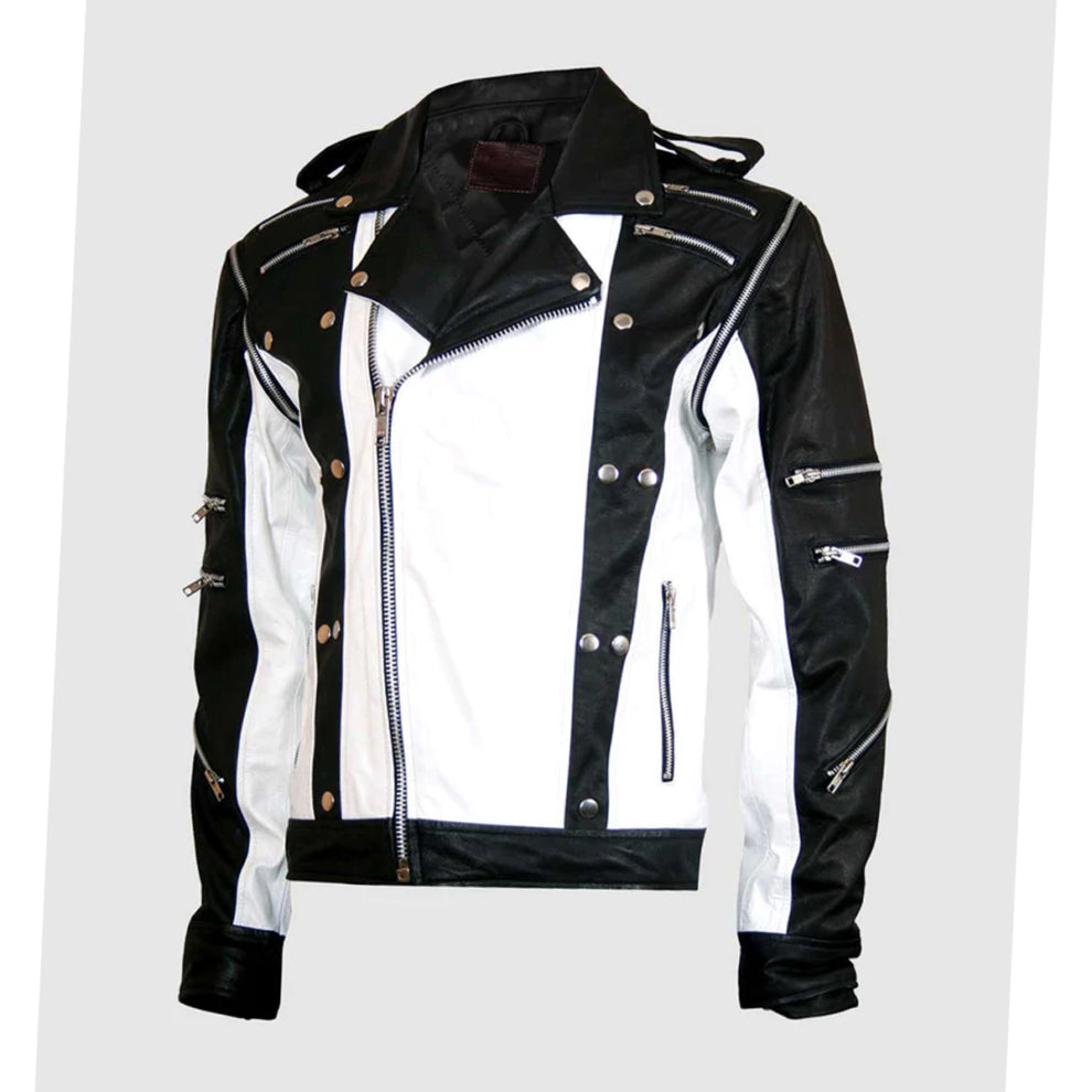 Mens White and Black Fully Zipper Style Genuine Leather Jacket