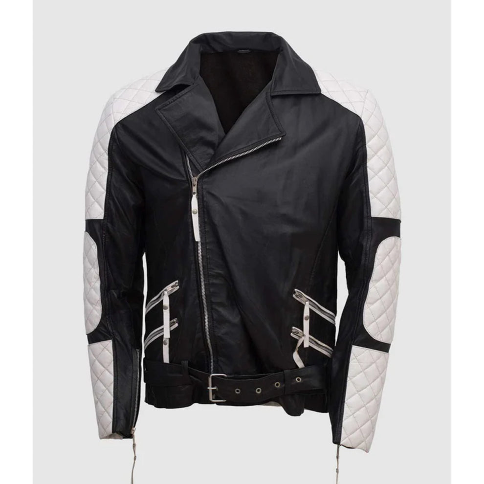 White and Black Biker Genuine Leather Jacket