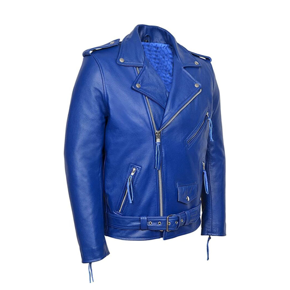 Blue Biker Style Genuine Leather Jacket