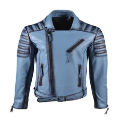 Vintage Mens Biker Style Blue Leather Jacket