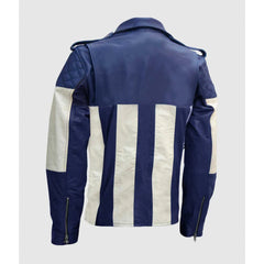 Blue and White Biker Genuine Leather Jacket