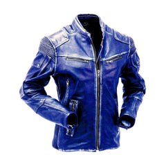 Dark Blue Cafe Racer Leather Jacket