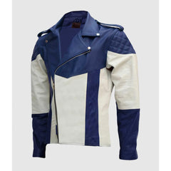 Blue and White Biker Genuine Leather Jacket