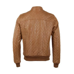 Tan Brown Bomber Quilted Leather Jacket