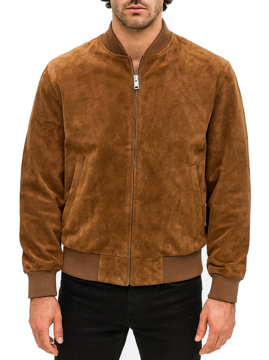 Mens Brown Bomber Suede Leather Jacket