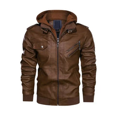 Distressed Brown Hooded Style Genuine Leather Jacket