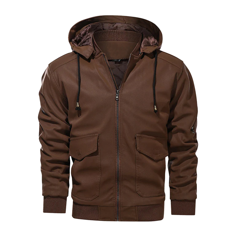 Brown Bomber Hooded Genuine Leather Jacket