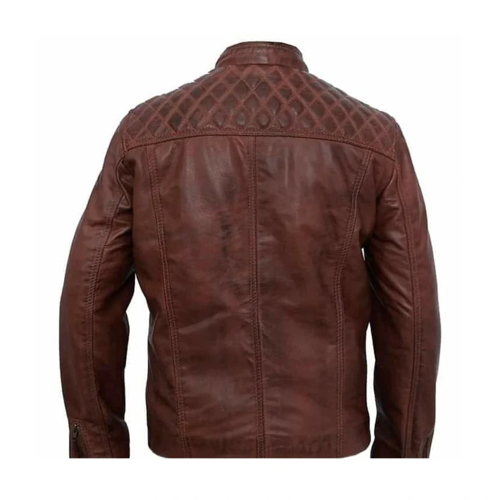 Cognac Brown Cafe Racer Quilted Leather Jacket 